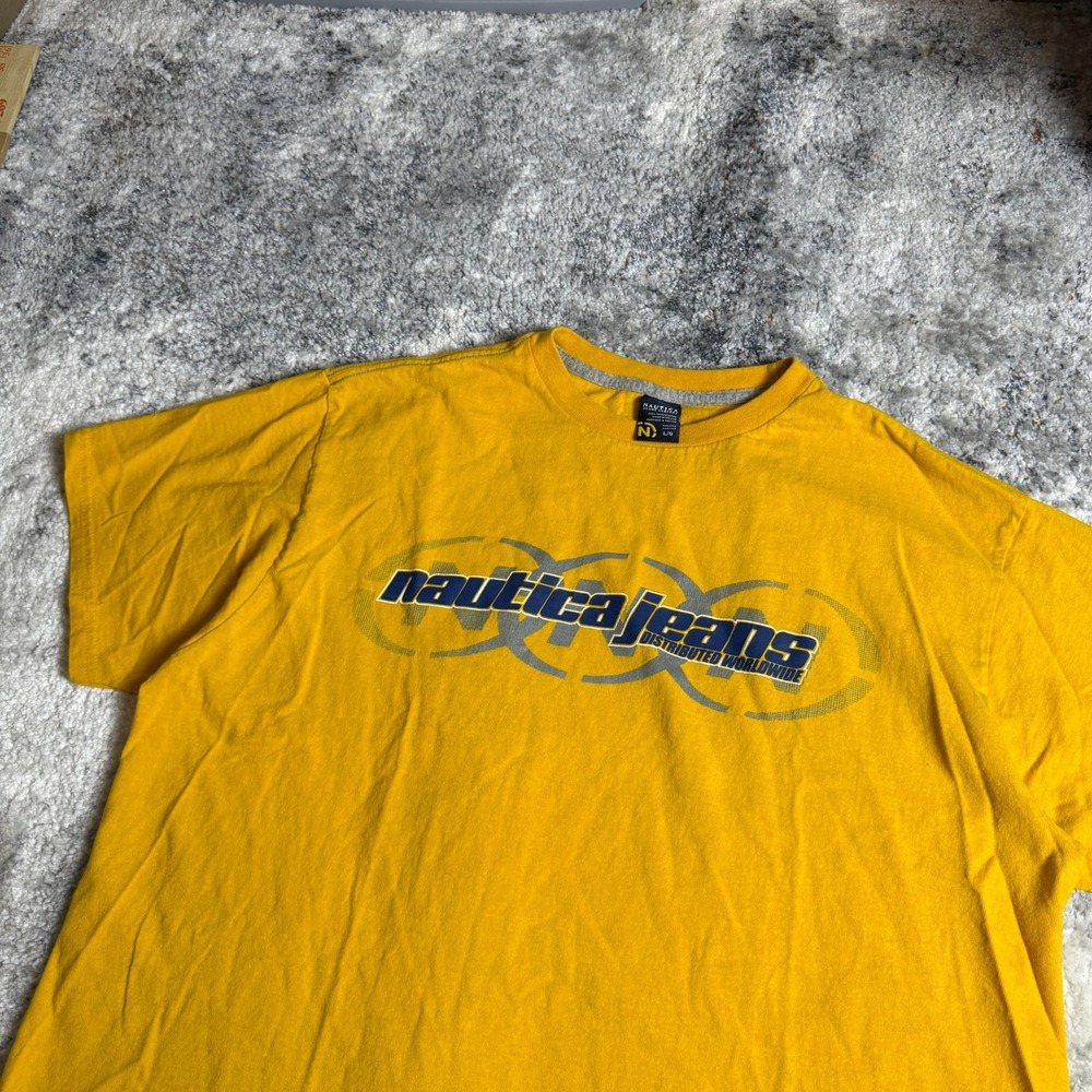 Nautica Jeans Co Mens Graphic T-Shirt Yellow Large Distributed Worldwide Logo‎